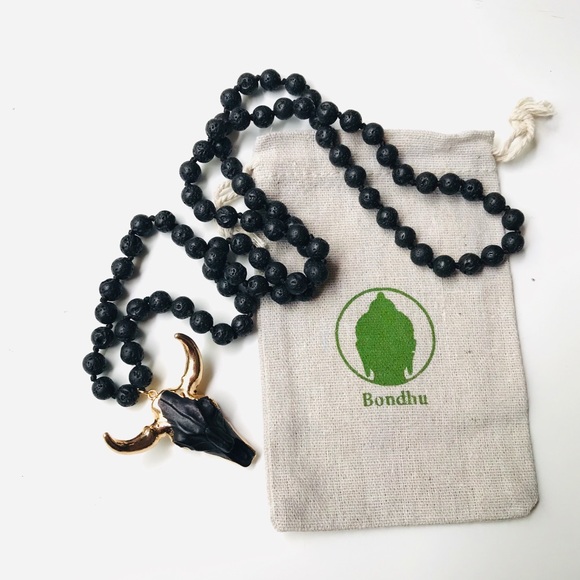Bull Horn Lava Stone Aromatherapy Gold Mala Bead Necklace - Picture 1 of 5